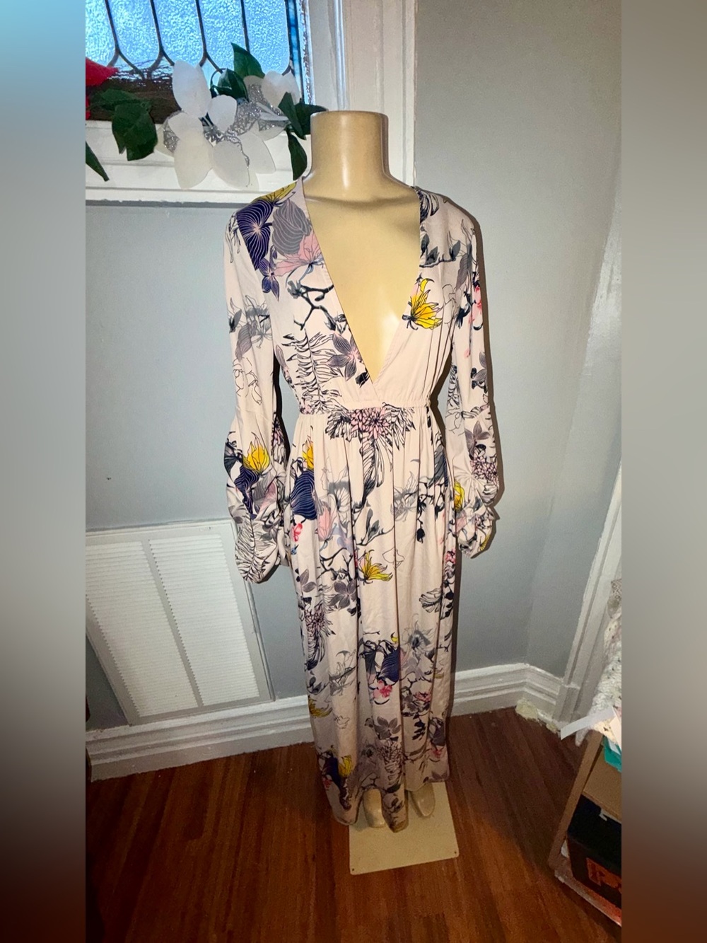 Boohoo Blush Floral Plunge Maxi Dress with Yellow & Navy Accents